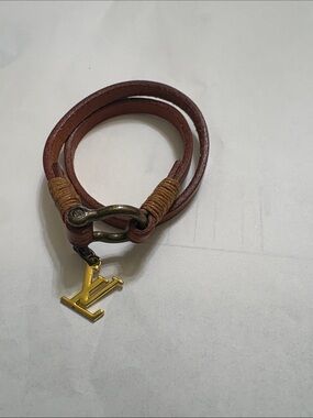Louis Vuitton Brown Leather Wrap Bracelet with Gold LV Charm
